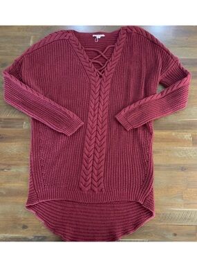 One Hart maroon/burgundy heavy knit low cut criss cross v neck sweater